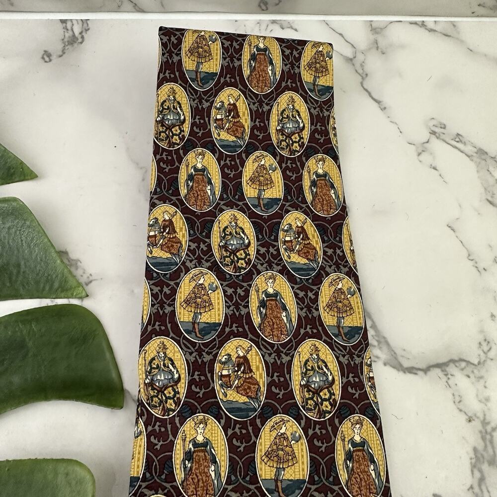 Kieselstein Cord Mens Vintage 90s Silk Neck Tie Tan Brown Knights Royalty Italy - Picture 3 of 7